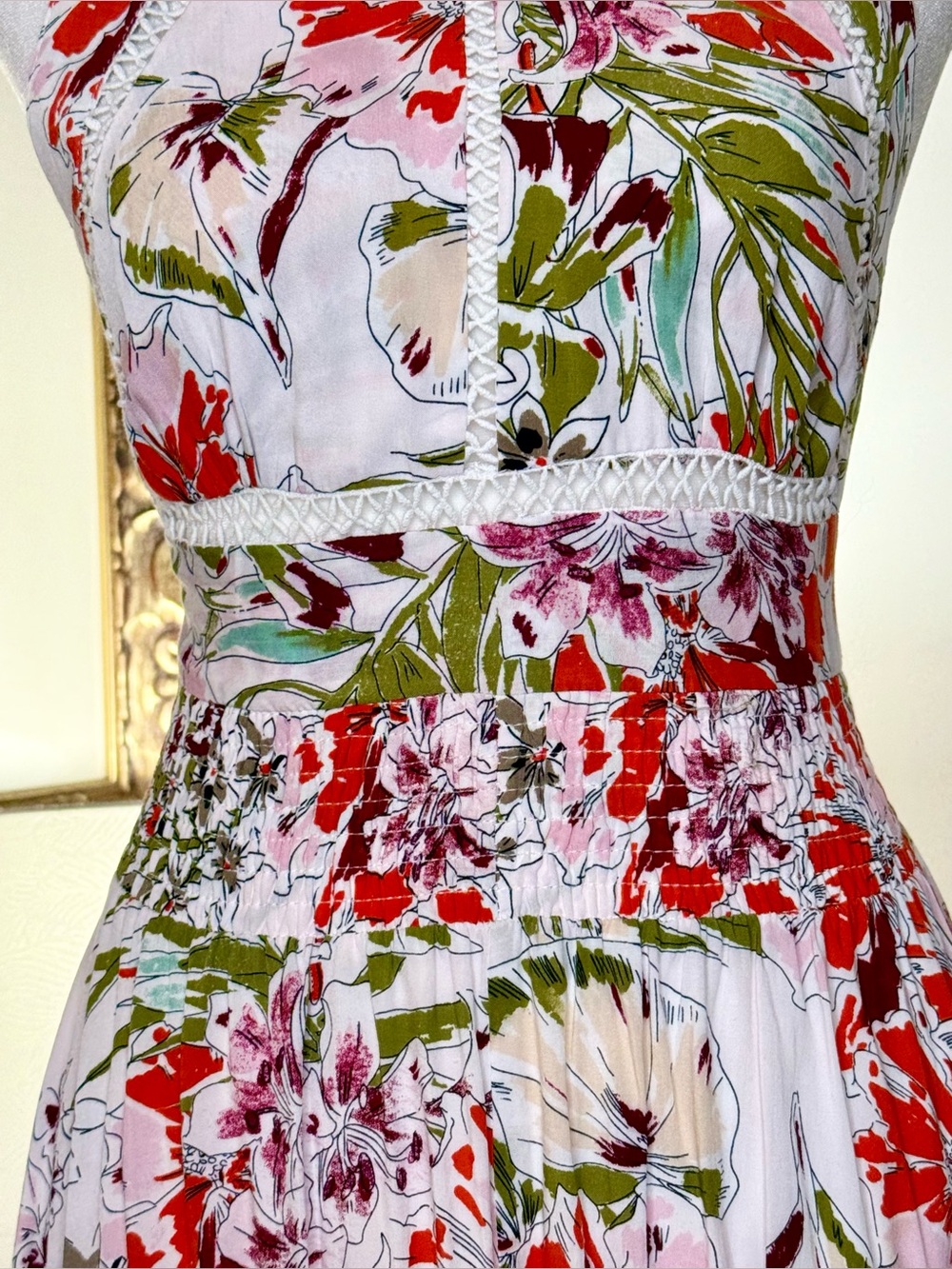 Abel The Label Dress S Floral Halter Open Back Maxi Boho Resort Slit Crochet - Picture 3 of 9